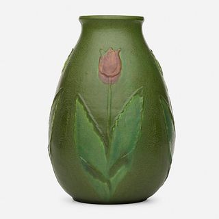 Grueby Faience Company, Rare vase with tulips