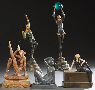 Group of Five Art Deco Dancing Figures, 20th c., one a woman with a hoop, on a stepped marble base; one with a glass ball, on a stepped marble base; o