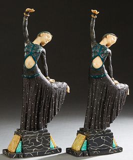 In the Manner of Demetre Chiparus (1886-1957, Romanian), "Dancers," 20th c., pair of metal and resin statues on stepped multicolored marble geometric 
