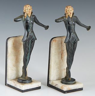 Continental School, "Female Dancers," c. 1940, pair of patinated spelter figural bookends, on onyx and marble stands, H.- 8 1/2 in., W.- 4 1/2 in., D.