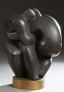 American School, "An Entwined Nude Couple," 20th c., patinated bronze brutalist figure, on an integral circular bronze base, H.- 19 1/2 in., W.- 15 1/