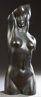 American School, "Stylized Nude Female Head and Torso," 20th c., patinated bronze, unsigned, H.- 32 in., W.- 13 in., D.- 10 in. Provenance: from the E