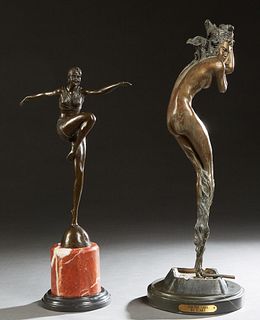 After Johan Ferdinand Preis (1882-1943), "Female Deco Dancer," late 20th c., patinated bronze #A7255, with a button mark "J. B. Deposee Bronze Garanti