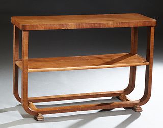 English Art Deco Carved Walnut Server, c. 1940, the rounded corner top on curved legs, joined by a center shelf and lower stretchers, on two stepped g