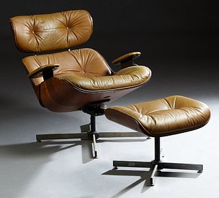 Plycraft Eames Style Bentwood Armchair and Ottoman, mid 20th c., with stainless steel bases with button-tufted brown vinyl upholstery, Chair- H.- 32 1