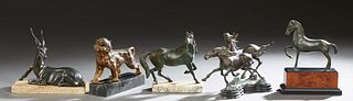 Group of Five Spelter Animalier Figures, 20th c., consisting of two patinated horses on a stepped base; a single horse on a marble and faux walnut bas