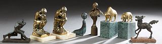 Group of Eight Cabinet Figures, 19th and 20th c., consisting of a gilt iron art nouveau bust; a pair of brass bull marble bookends; a pair of "Thinker