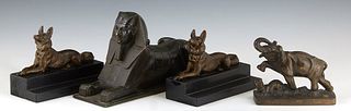 Group of Four Metal Cabinet Pieces, 20th c., consisting of a bronze sphinx; a bronze elephant. and a pair of bronze patinated spelter German Shepherd 