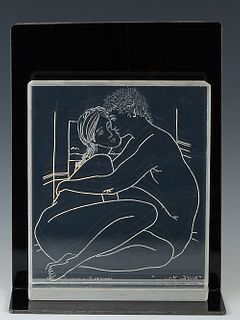 Emile Dekel (French/Israel), "With You, A.S.," 1979, engraving on lucite, presented on a smoke gray lucite stand, H.- 8 1/2 in., W.- 7 in., D.- 2 in. 