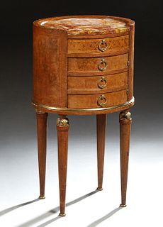 French Louis XVI Style Inlaid Carved Mahogany Nightstand, early 20th c., the inset oval Breche d'Alpes ocher marble over a frieze drawer and a faux dr