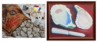 J. Frew, "Fresh Oysters," 20th c., oil on canvas, signed lower right, unframed; and Roux, "Oyster Shucking," 1990, oil on canvas, signed and dated ver