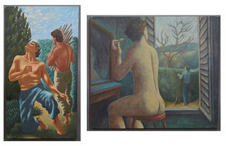 John Stennett (1948-, New Orleans), "Two Shirtless Men," 20th c., unsigned, and "Woman Looking Out Window," 1991, two oils on canvas, the second signe