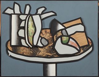 Edward Whiteman (1938-, Louisiana), "Silver Things," 1971, acrylic and mixed media on panel, initialed and dated lower right, verso with a "Simone Ste