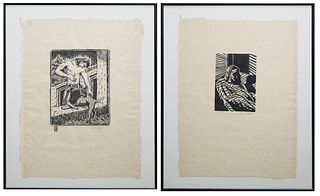 John Stennett (1948-, New Orleans), "Man in the Shadows" and "Man and a Dog," 20th c., two linocuts on paper, untrimmed, presented in black metal fram