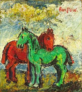 David Davidovich Burliuk, American/Ukranian (1882-1967) Oil on board "Two Horses"