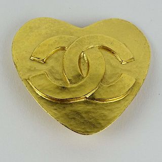 Chanel, Made in France Gold Tone Metal Heart Brooch with Logo. Signed.