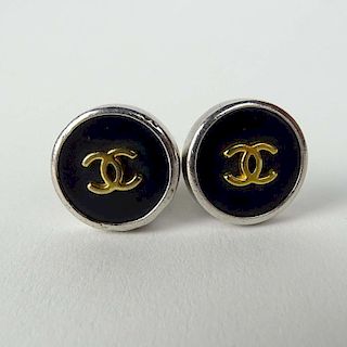 Pair of Lady's Chanel Button style Earrings with Logo.