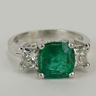 Lady's Approx. 2.0 Carat Cushion Cut Emerald, .90 Carat Diamond and 18 Karat White Gold Ring.