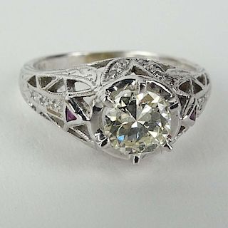 Lady's Art Deco Approx. .88 Carat Round Cut Diamond and 14 Karat White Gold Engagement Ring.