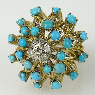 Lady's Vintage 18 Karat Yellow Gold, Single Cut Diamond and Turquoise Cluster Ring.