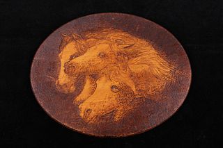 Flanders Pyrography Horses Wooden Shield c. 1890's