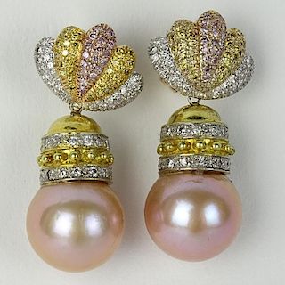 Lady's 14mm Pink Pearl, Approx. 2.0 Carat Pave Set Round Cut Pink, White and Yellow Diamond and 18 Karat Gold Earrings.
