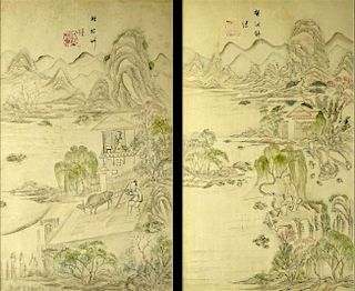 Pair of 19th C Korean School Water Colors "Tales Of Enlightenment' Titled cipher upper center or otherwise unsigned.