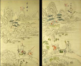 Pair of 19th C Korean School Water Colors "Tales Of Enlightenment' Titled cipher upper center or otherwise unsigned.