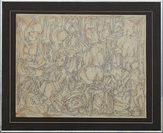 Jim Block (1960-, New Orleans), "Ancestors," 20th c., graphite and watercolor on paper, unsigned, titled en verso, presented in a brushed metal frame,
