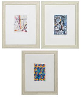 Jim Block (1960-, New Orleans), "Fourth Dimension Study," "Occum's Razor," and "Linear Abstract," 2011, and 2012, three colored pencil on linen paper,