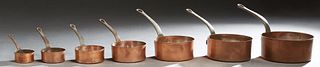 Set of Six French Graduated Copper Sauce Pans, late 19th c., with iron handles, Largest- H.- 6 3/4 in., W.- 13 1/4 in., D.- 7 1/4 in.