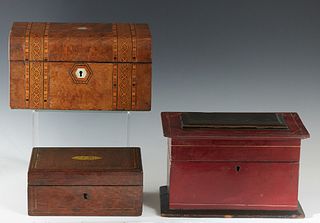 Group of Three Antique Wood Boxes, 19th c., consisting of an inlaid walnut jewelry box with a liftout tray; a mahogany document box with paint decorat