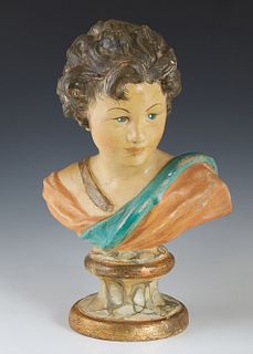 Polychromed and Faux Marbled Terracotta Bust, late 19th c., on a stepped gilt decorated socle support, H.- 15 1/2 in., W.- 10 1/2 in., D.- 8 in.
