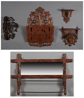 Group of Four Carved American Wood Items, 19th c.; consisting of a horse bracket shelf; a gilt bracket shelf; a corner shelf; a mail rack; and a towel