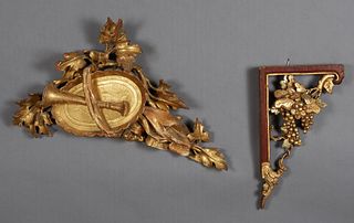 Two Giltwood Architectural Elements, 19th c., one a mahogany bracket with grape and leaf carving, the rectangular applique with a musical horn, a tray