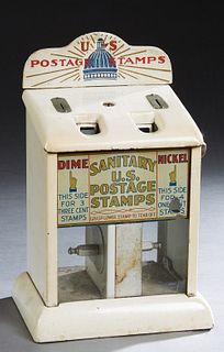 Vintage Sanitary Enamel Postage Stamp Dispenser, early 20th c., by the Northwerstern Corp., with dual dispensers for three 3 cent stamps for a dime, a