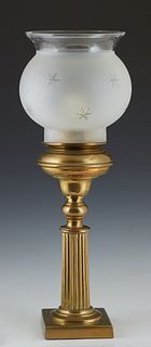American Brass Astral Lamp, c. 1845, by Cornelius & Co., Philadelphia, the brass font on a reeded support to a square base, with a frosted and star cu