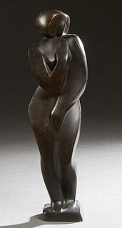 American School, "Cubist Nude Female," 20th c., patinated bronze statue, brutalist school, the integral base marked with an incised "K" in a circle, H