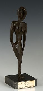 Sandra Zahn Oreck (1940-, American), "Muliebrity," 1977, patinated bronze sculpture, 1/6, signed, numbered and dated on the rear of the leg, on a high