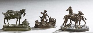 Group of Three Metal Cabinet Figures, 19th c., consisting of a patinated spelter group of two greyhounds; an inkwell/pen tray with a goat, signed Le C