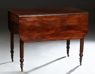 American Carved Mahogany Drop Leaf Dining Table, 19th c., the rounded edge top on turned tapered reeded legs with casters, H.- 29 3/4 in., W.- Closed-