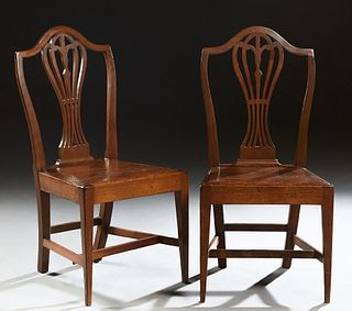 Pair of Hepplewhite Style Carved Mahogany Side Chairs, early 19th c., the arched backs with pierced vertical splats, over trapezoidal wood slip seats,