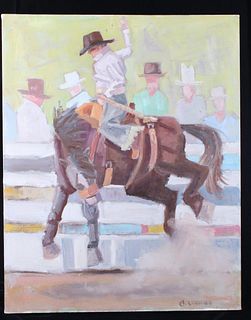 Bucking Bronco Signed Oil Painting on Canvas