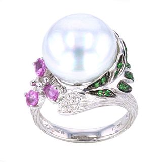 Pearl Sapphire & Diamond 18k White Gold Ring