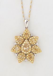 14K Yellow Gold Floriform Pendant, with a center marquise yellow diamond within a yellow diamond bezel and an outer multi-color marquise diamond bezel
