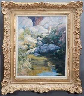 Robert Dennis McCarthy (American), "Rocky Stream," 20th c., oil on board, signed lower left, presented in a wooden frame, H.- 19 1/2 in., W.- 15 1/2 i