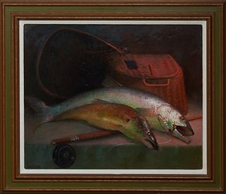 William Harnden (American), "Two Dead Fish with Basket," 20th c., oil on panel, signed lower left, presented in a green and gold wooden frame, H.- 23 