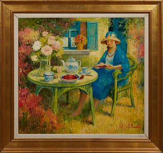 J. Pauwels (1903-1983, Belgian), "Table in the Garden," 20th c., oil on canvas, signed lower right, presented in a wide gilt frame with a linen liner,
