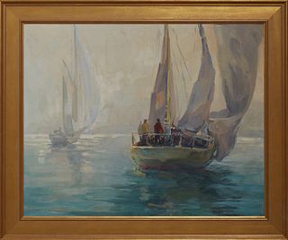 Robert Charles Pannell (1913-2002, Canadian), "Early Morning," 20th c., oil on masonite, signed lower left, presented in a wide gilt frame, H.- 23 1/2