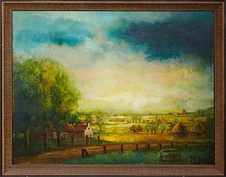 R. Befort, "Village Scene," 20th c., oil on canvas, signed lower right, presented in a gilt and polychromed frame, H.- 27 in., W.- 35 in.